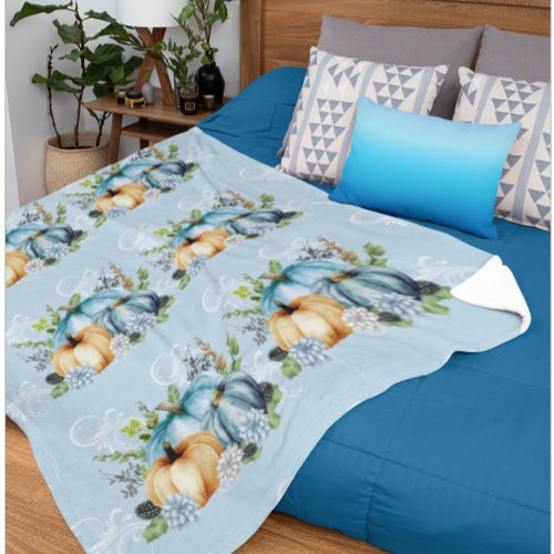 Blue Pumpkin Watercolor Autumn  Fleece Blanket