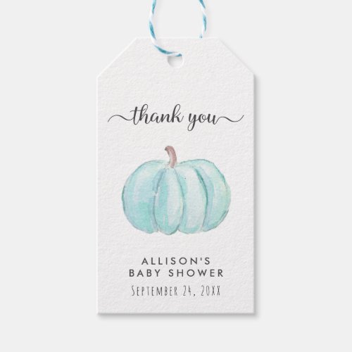 Blue Pumpkin Watercolor Baby Boy Shower Thank You Gift Tags