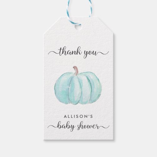 Blue Pumpkin Watercolor Baby Shower Thank You Gift Tags