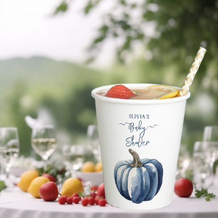 Blue Pumpkin Watercolor Boho Baby Boy Shower Paper Cups