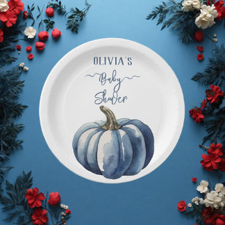 Blue Pumpkin Watercolor Boho Baby Boy Shower Paper Plates