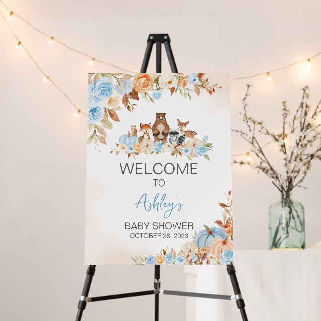 Blue Pumpkin Woodland Baby Shower Welcome Sign (In Situ (Stand))