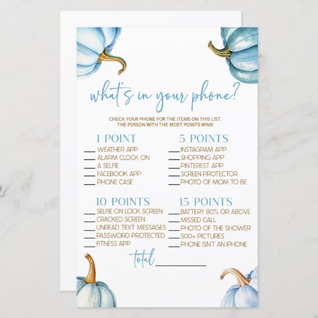 Blue Pumpkins Fall In Your Phone Baby Shower Game (Front/Back)