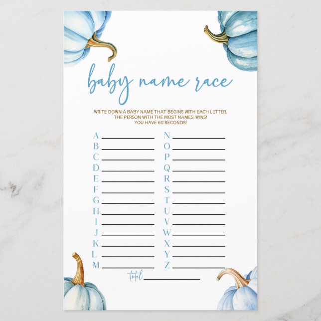 Blue Pumpkins Fall Name Race Baby Shower Game (Front)