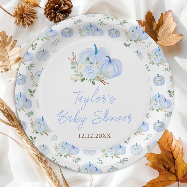 Blue Pumpkins Floral Baby Shower Paper Plates (Creator Uploaded)