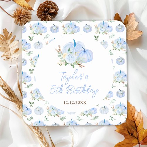 Blue Pumpkins Floral Birthday Party Square Paper Coaster