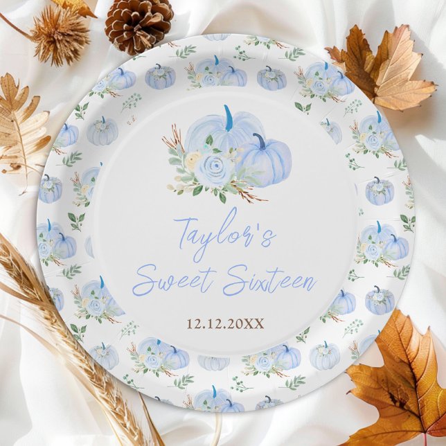 Blue Pumpkins Floral Sweet Sixteen Paper Plates (Creator Uploaded)
