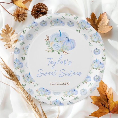 Blue Pumpkins Floral Sweet Sixteen Paper Plates