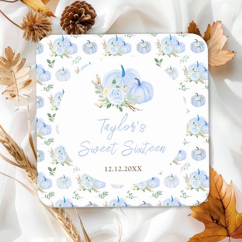 Blue Pumpkins Floral Sweet Sixteen Square Paper Coaster