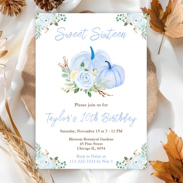 Blue Pumpkins Floral Sweet Sweet Sixteen Invitation (Creator Uploaded)
