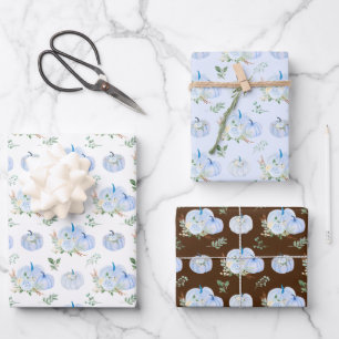 Blue Pumpkins Floral Wrapping Paper Sheets
