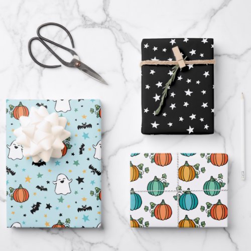 Blue Pumpkins Ghosts Halloween Mixed Patterns Wrapping Paper Sheets