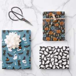 Blue Pumpkins Ghosts Skulls Halloween Patterns Wrapping Paper Sheets