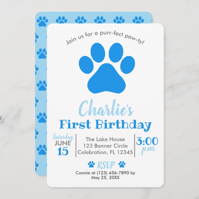 Blue Puppy Dog Birthday Invitation (Front/Back)