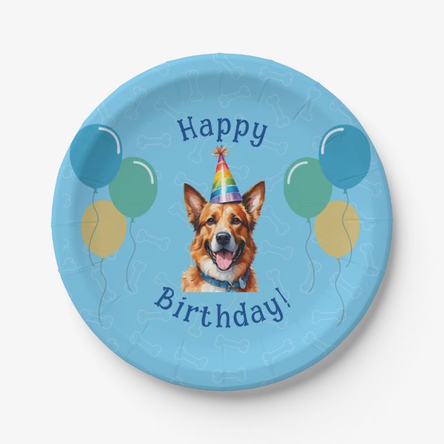 Blue Puppy Dog Birthday Paw-ty Paper Plates (Front)