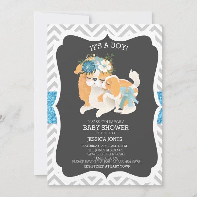 Blue Puppy Dog Mama Glitter Chevron Baby Shower Invitation (Front)
