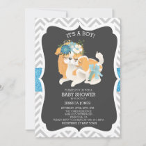 Blue Puppy Dog Mama Glitter Chevron Baby Shower Invitation