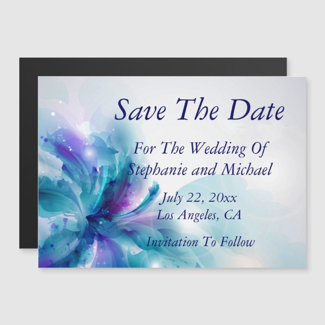 Blue & Purple Abstract Floral Save the Date Magnetic Invitation (Front/Back)