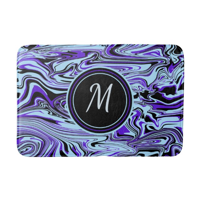  Blue Purple Abstract Watercolor Modern Monogram  Bath Mat (Front)