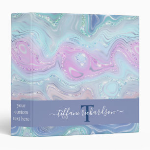 Blue Purple Agate Geode Monogram Script Name 3 Ring Binder