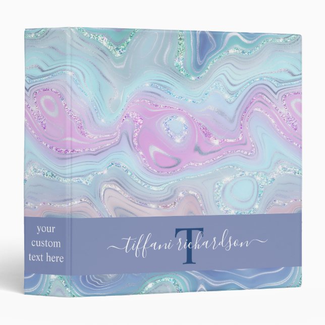 Blue Purple Agate Geode Monogram Script Name 3 Ring Binder (Front/Spine)