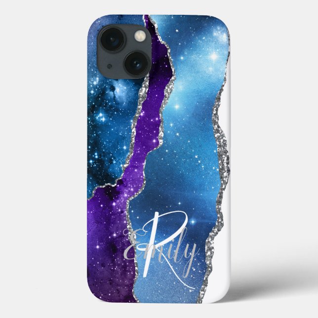 Blue Purple Agate Marble Abstract Name Monogram Case-Mate iPhone Case (Back)