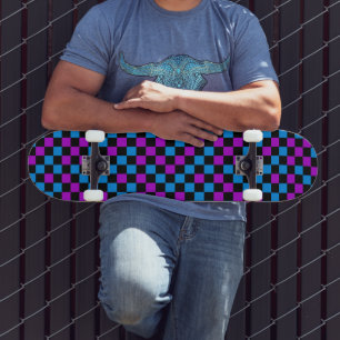 Blue Purple And Black Checkered Pattern  Skateboard