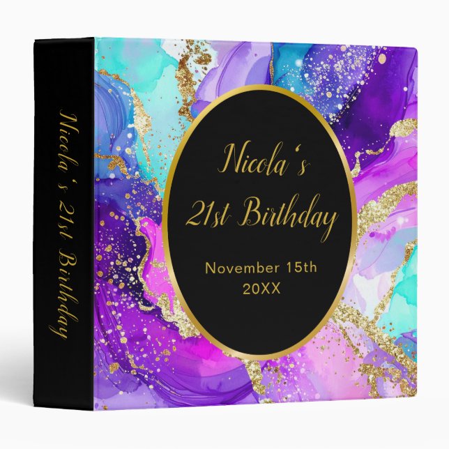 Blue, Purple and Gold Ink Birthday Party 3 Ring Binder (Front/Spine)