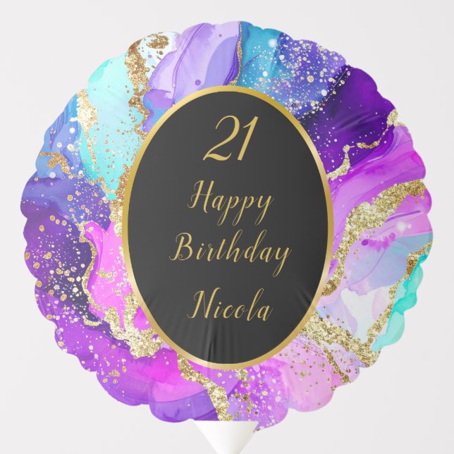 Blue, Purple and Gold Ink Birthday Party Balloon (Front)