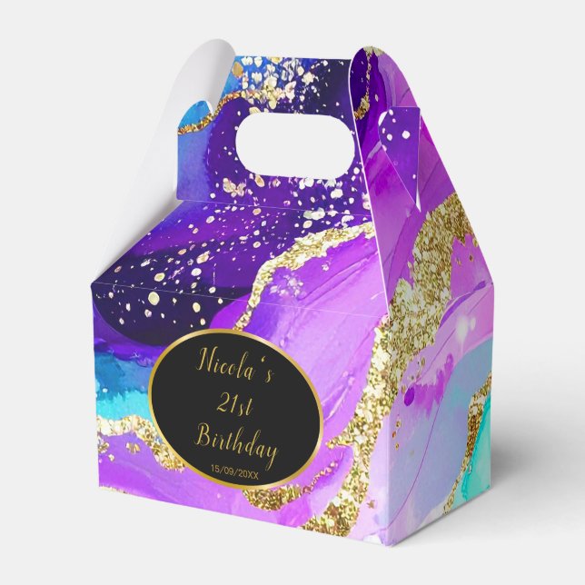Blue, Purple and Gold Ink Birthday Party Favor Boxes (Front Side)