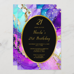 Blue, Purple and Gold Ink Birthday Party Invitation