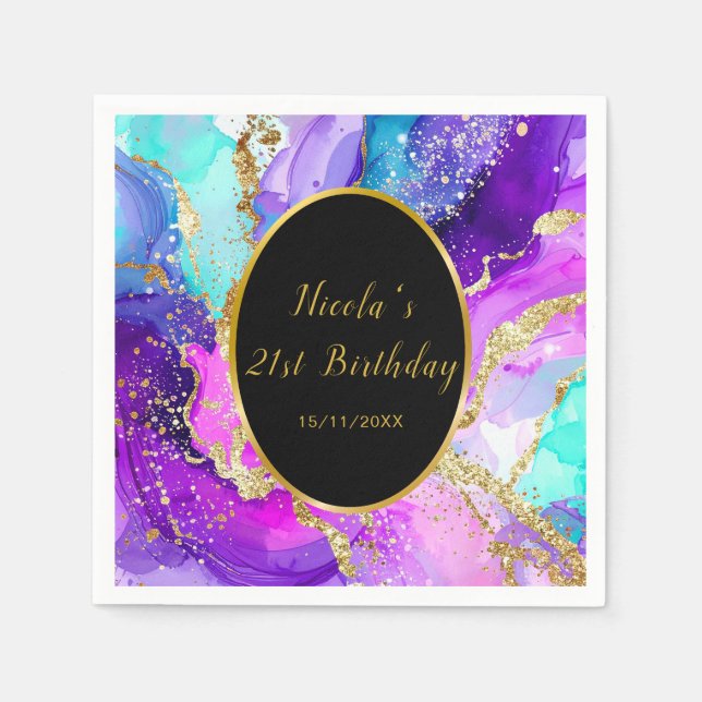 Blue, Purple and Gold Ink Birthday Party Napkins (Front)