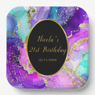Blue, Purple and Gold Ink Birthday Party Paper Plates
