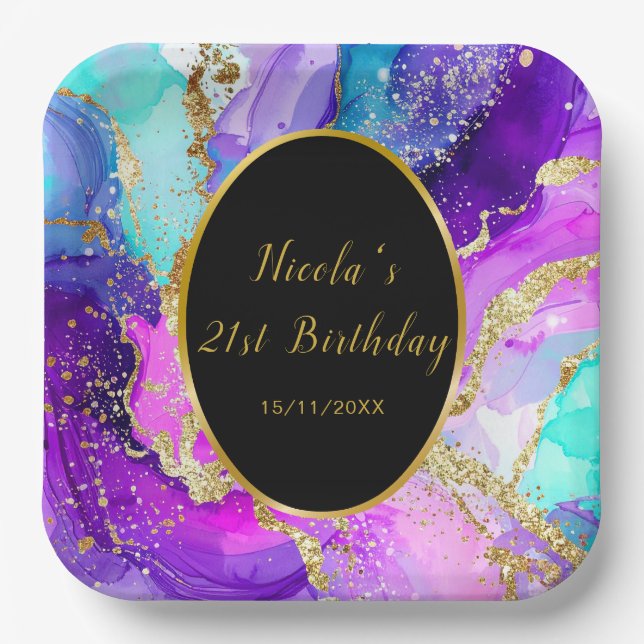 Blue, Purple and Gold Ink Birthday Party Paper Plates (Front)
