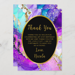 Blue, Purple and Gold Ink Birthday Party Thank You Card