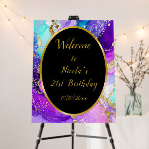Blue, Purple and Gold Ink Birthday Party Welcome Foam Board