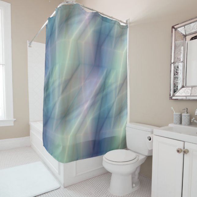 blue purple and green abstract shower curtain (In Situ)