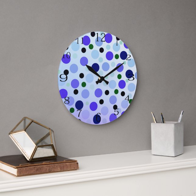 Blue Purple And Green Polka Dots, Large Clock (Office)