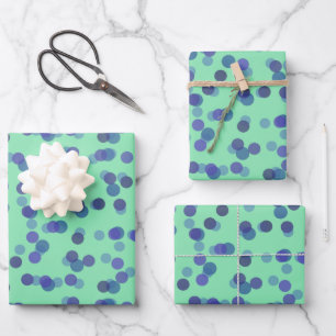 blue, purple and light teal polka dots wrapping paper sheets