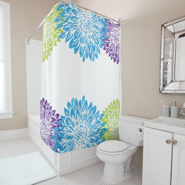 Blue, Purple and Lime Green Flower Shower Curtain (In Situ)
