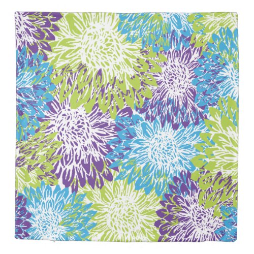 Blue Purple and Lime Green Mums Duvet Cover