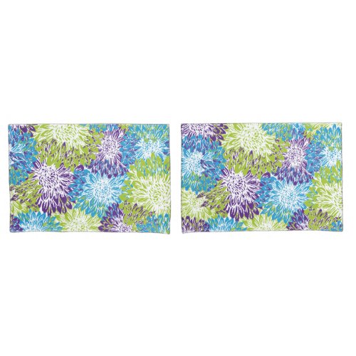 Blue Purple and Lime Green Mums Pillowcase
