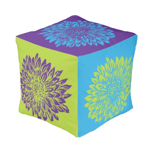 Blue Purple and Lime Green Mums Pouf