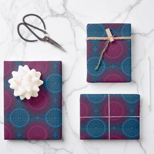 Blue Purple and Pink Circle Mandala   Wrapping Paper Sheets (Front)