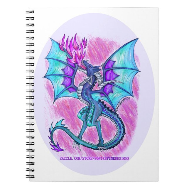 Blue purple and pink dragon flying, breathing fire notebook (Front)