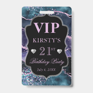 Blue, Purple and Pink Glitter Agate Birthday VIP Badge