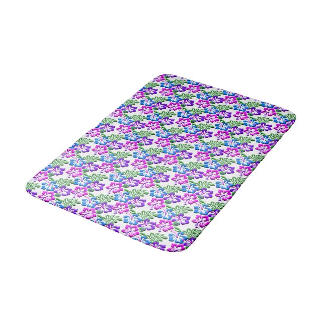 Blue Purple and Pink Hibiscus Motif Bathroom Mat (Angled)