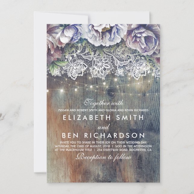 Blue Purple and Plum Vintage Floral Lace Wedding Invitation (Front)