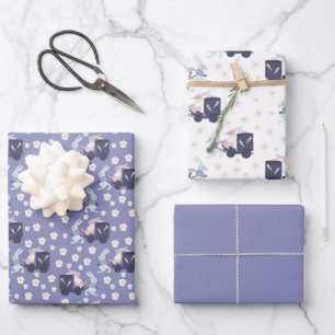 Blue, Purple and White Bunny Rabbits Easter Wrapping Paper Sheets