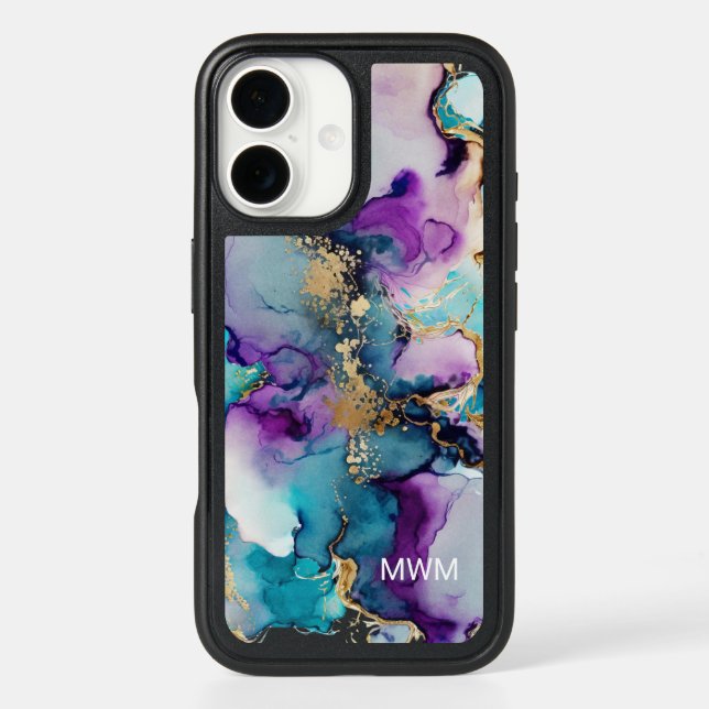 Blue Purple Aqua Gold Alcohol Ink Monogram Otterbox iPhone Case (Back)